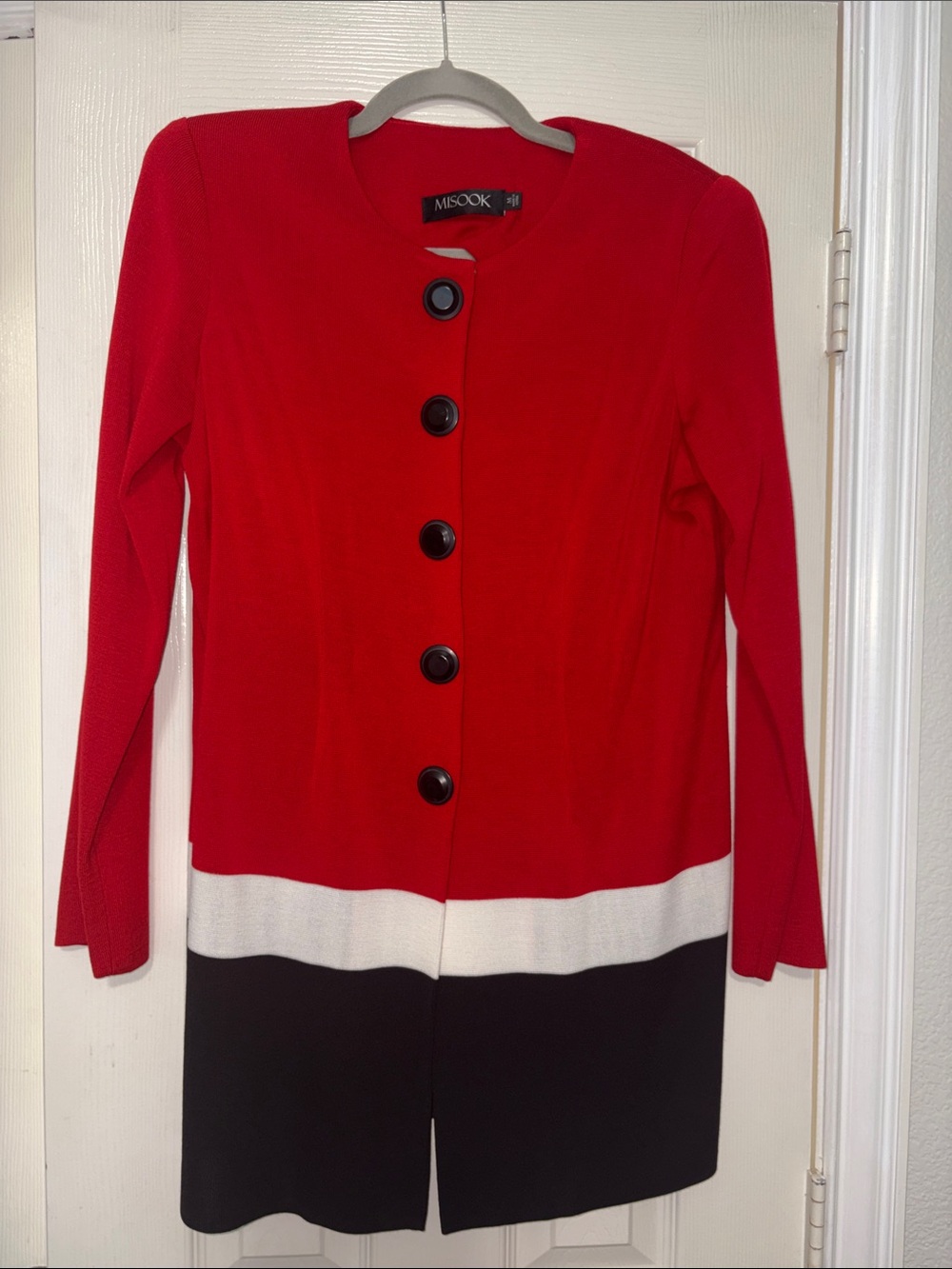 Misook Red, White and Black Colorblock Coat with Contrast Buttons-Medium